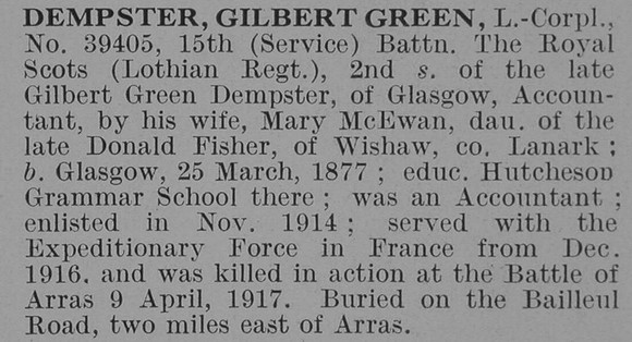 Dempster G G L/Cpl 15th Royal Scots Obit De Ruvignys Roll Of Honour Vol 3