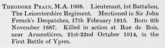 Prain T Lt 1st Leicestershire Regiment Obit St Andrews University Roll Of Honour