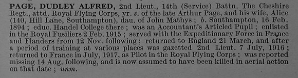 Page D A 2nd Lt 14th Cheshire Regiment Attd Royal Flying Corps Obit De Ruvignys Roll Of Honour Vol 4