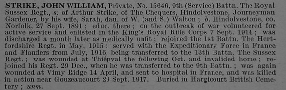 Strike J W Pte 15646 9th Royal Sussex Regiment Obit De Ruvignys Roll Of Honour Vol 4