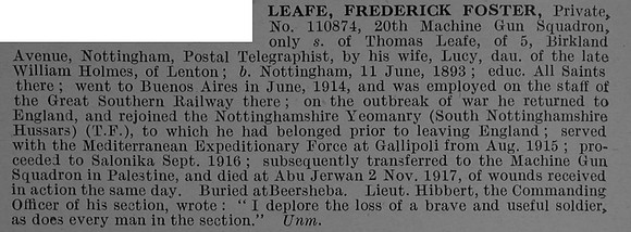 Leafe F F Pte 110874 Machine Gun Corps Obit De Ruvignys Roll Of Honour Vol 4
