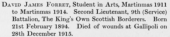 Forret D J 2nd Lt 9th King's Own Scottish Borderers Obit