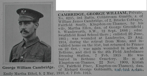 Cambridge G W Pte 6235 3rd Coldstream Guards Obituary De Ruvignys Roll Of Honour Vol 1