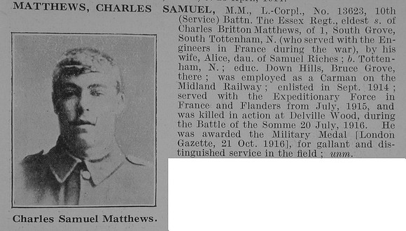 Matthews C S LCpl MM 10th Essex Regt Obit De Ruvignys Roll Of Honour Vol 5