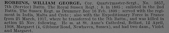 Robbins W G Coy Qtr Mst Sergt 5857 7th Royal Sussex Regiment Obit De Ruvignys Roll Of Honour Vol 4