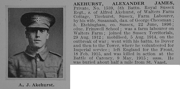 Akehurst A J Pte 1539 5th Royal Sussex Regiment Obit