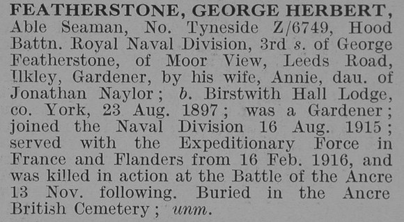 Featherstone G H AB Royal Naval Division Obit De Ruvignys Roll Of Honour Vol 3