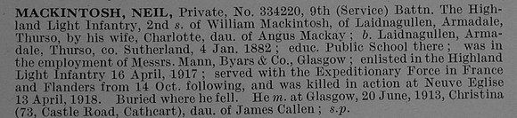 Mackintosh N Pte 334220 9th Highland Light Infantry Obit De Ruvignys Roll Of Honour Vol 4