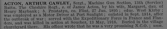 Acton A C Sergt 13th Cheshire Regiment Obit De Ruvignys Roll Of Honour Vol 4