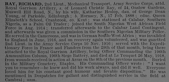 Ray R 2nd Lt Army Service Corps Attd Royal Garrison Artillery Obit De Ruvignys Roll Of Honour Vol 4