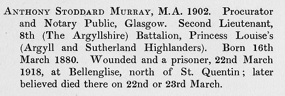 Murray A S 2nd Lt 8th Argyll Sutherland Highlanders Obit St Andrews University Roll Of Honour