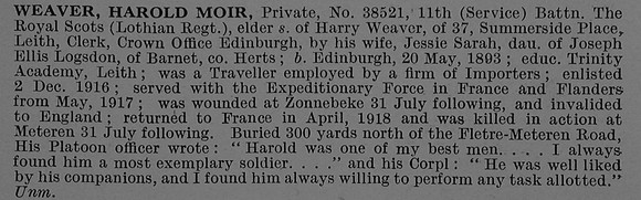 Weaver H M Pte 38521 11th Royal Scots Obit De Ruvignys Roll Of Honour Vol 4