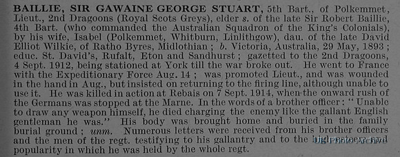 Baillie G G S Lt Sir 2nd Dragoons (Royal Scots Greys) Obit De Ruvignys Roll Of Honour Vol 1