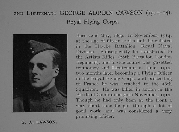 Cawson G A 2nd Lt RFC Obit Dulwich College Roll Of Honour