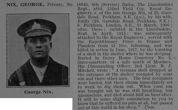 Nix G Pte 18645 8th Lincolnshire Regiment Attd Royal Engineers Obit De Ruvignys Roll Of Honour Vol 4