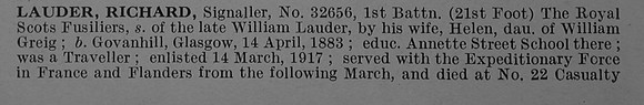 Lauder R Sig 32656 1st Royal Scots Fusiliers Obit Part 1 De Ruvignys Roll Of Honour Vol 4