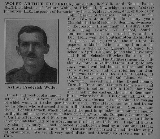Wolfe A F Sub Lt RNVR Obit De Ruvignys Roll Of Honour Vol 3
