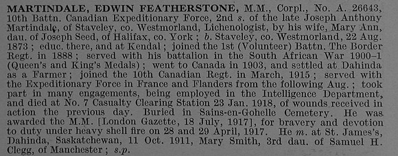 Martindale E F Cpl MM 26643 10th Canadian Infantry (Alberta Regiment) Obit De Ruvignys Roll Of Honour Vol 4