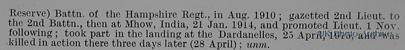 Pakenham C J W Lt 2nd Hampshire Regiment Obit Part 2 De Ruvignys Roll Of Honour Vol 1