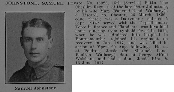 Johnstone S Pte 15926 15th Cheshire Regiment Obit De Ruvignys Roll Of Honour Vol 5