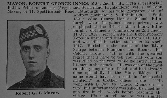 Mavor R G I 2nd Lt MC 7th Argyll & Sutherland Highlanders Obit Part 1 De Ruvignys Roll Of Honour Vol 4