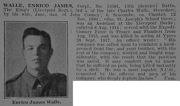 Walle E J Cpl 13381 13th Kings Liverpool Regiment Obit De Ruvignys Roll Of Honour Vol 3