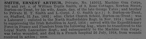 Smith E A Pte 145012 Machine Gun Corps Obit De Ruvignys Roll Of Honour Vol 4