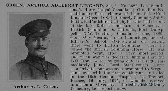 Green A A L Sergt 2623 Lord Srathconas Horse Obit De Ruvignys Roll Of Honour Vol 1
