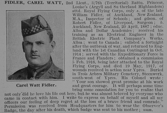 Fidler C W 2nd Lt 7th Argyll & Sutherland Highlanders Obit De Ruvignys Roll Of Honour Vol 3