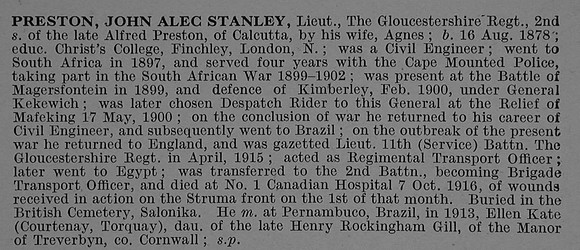 Preston J A S Lt 11th Gloucestershire Regiment Obit De Ruvignys Roll Of Honour Vol 4