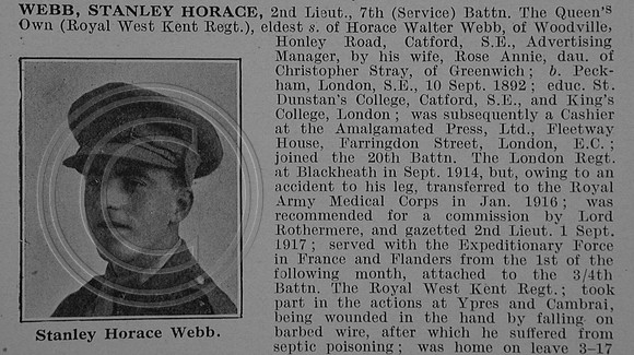 Webb S H 2nd Lt 7th Queens Own Royal West Kent Regiment Obit Part 1 De Ruvignys Roll Of Honour Vol 4