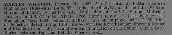 Martin W Pte 4392 5th Seaforth Highlanders Obit De Ruvignys Roll Of Honour Vol 4