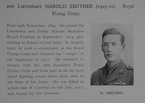 Smither H 2nd Lt Royal Flying Corps Obit Dulwich College Roll Of Honour
