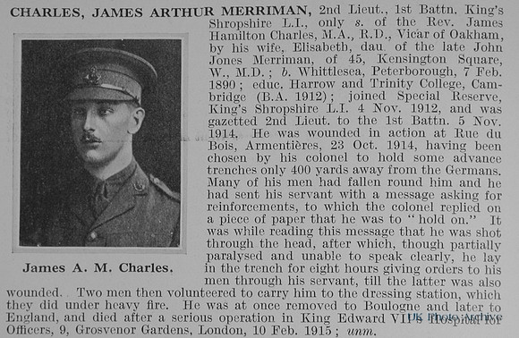 Charles J A M 2nd Lt 1st Kings Shropshire Light Infantry Obit