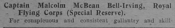 Bell-Irving M M Captain RFC DSO Citation No 1 The Graphic 22.1.16