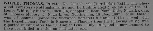 White T Pte 203469 5th Notts & Derby Regiment (Sherwood Foresters) Obit De Ruvignys Roll Of Honour Vol 4