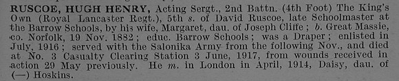 Ruscoe H H Sergt 26294 2nd King's Own (Royal Lancaster Regiment) Obit De Ruvignys Roll Of Honour Vol 4