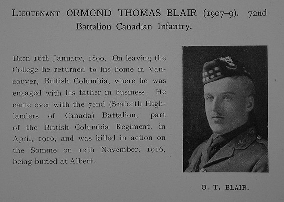 Blair O T Lt 72nd CEF Obit Dulwich College Roll Of Honour