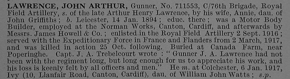 Lawrence J A Gnr 711553 Royal Field Artillery Obit De Ruvignys Roll Of Honour Vol 4