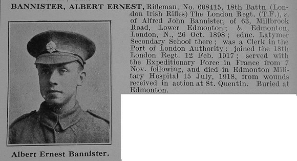 Bannister A E Rfn 18th London Regiment Obit