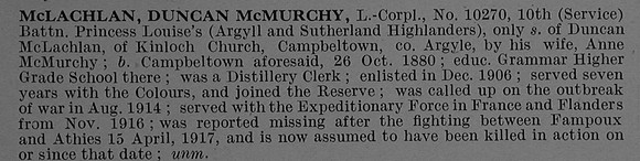 McLachlan D M L/Cpl 10270 10th Argyll & Sutherland Highlanders Obit De Ruvignys Roll Of Honour Vol 4