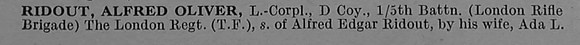 Ridout A O LCpl 301931 5th London Regiment (London Rifle Brigade) Obit Part 1 De Ruvignys Roll Of Honour Vol 4