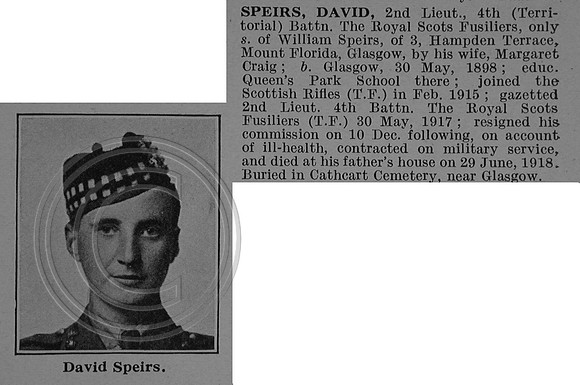 Speirs D 2nd Lt 4th Royal Scots Fusiliers Obit De Ruvignys Roll Of Honour Vol 4