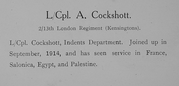 Cockshott A L/Cpl 13th London Regiment Record William Graham Company