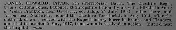 Jones E Pte 240390 5th Cheshire Regiment Obit De Ruvignys Roll Of Honour Vol 4