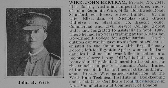 Wire JB Pte 2047 11th Australian Infantry Obit De Ruvignys Roll Of Honour Vol 1