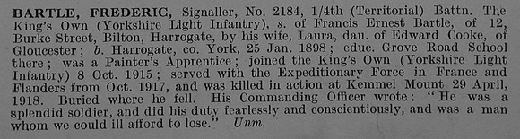 Bartle F Sig 2184 4th Kings Own Yorkshire Light Infantry Obit De Ruvignys Roll Of Honour Vol 4