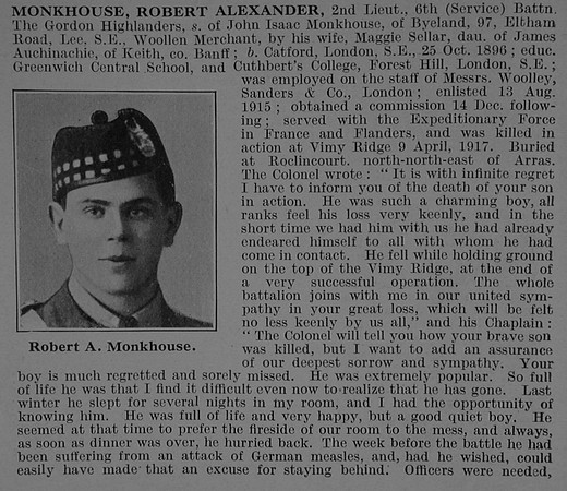 Monkhouse R A 2nd Lt 6th Gordon Highlanders Obit Part 1 De Ruvignys Roll Of Honour Vol 3