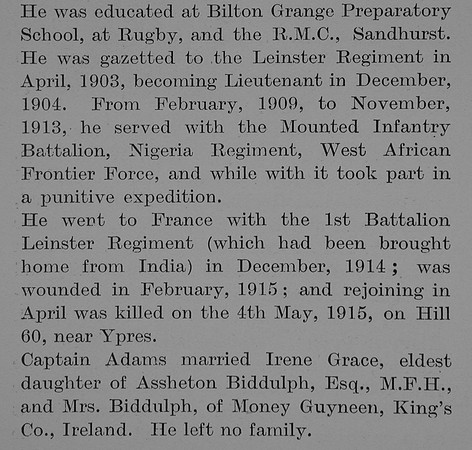 Adams J G Captain 1st Leinster Regiment Obit Part 2 The Bond Of Sacrifice Vol 2