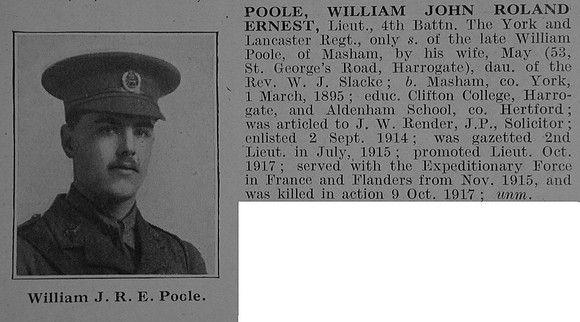 Poole W J R E Lt 4th York & Lancs Regiment Obit De Ruvignys Roll Of Honour Vol 3